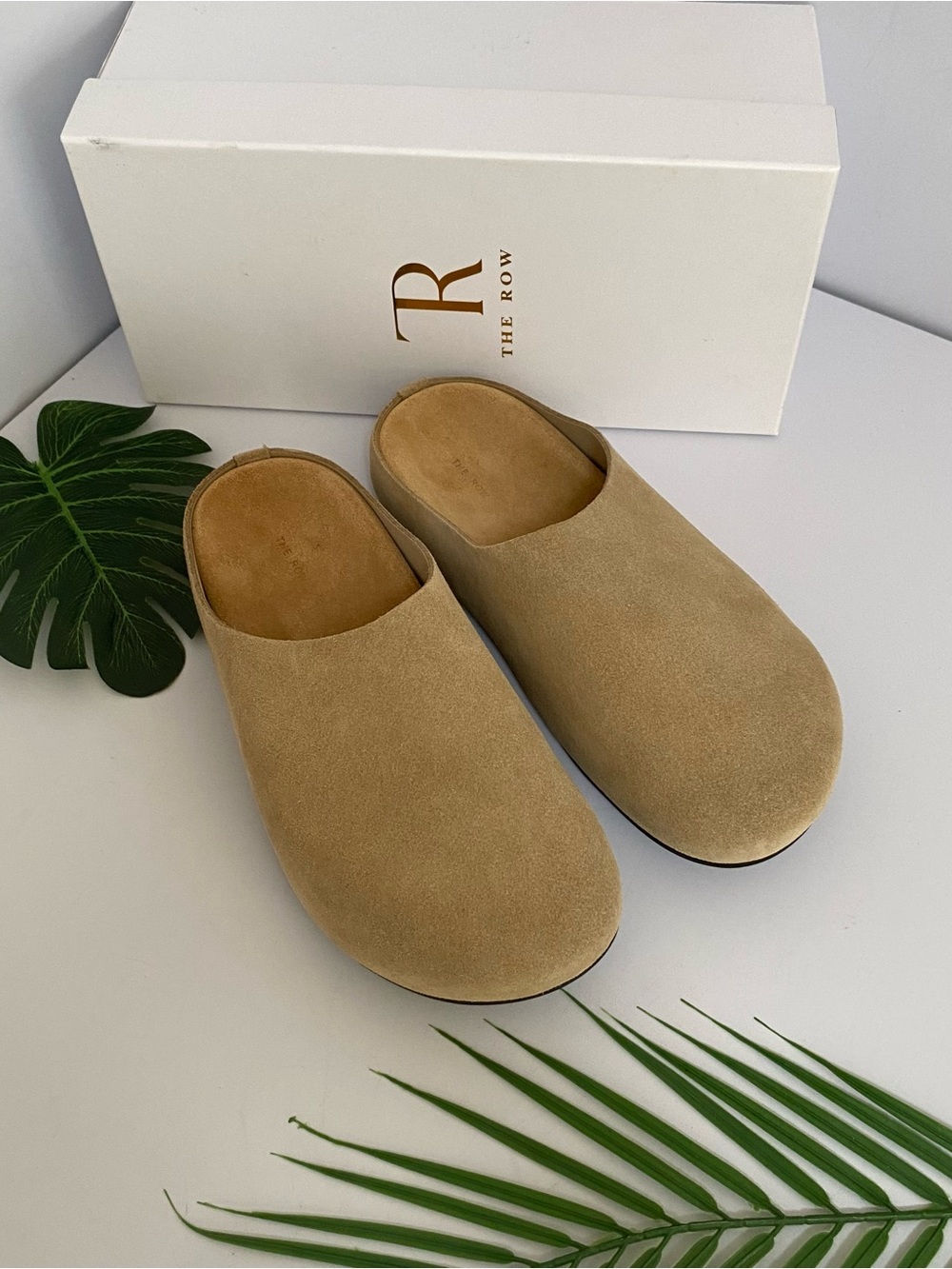 The Row Suede Slip-On Slippers in Tan